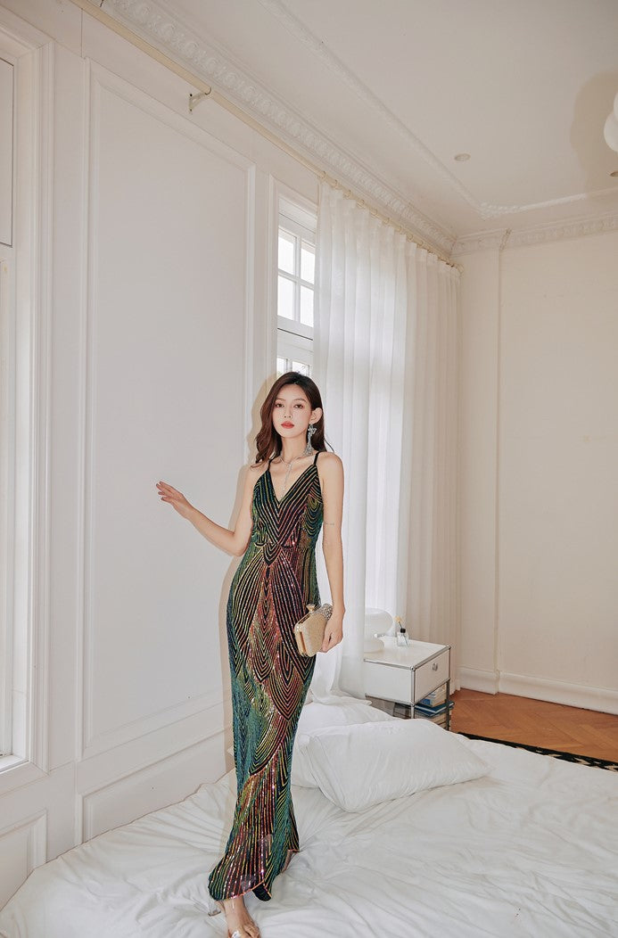 DOLLY Elegant Colorful Black Sleeveless Sequin Long Suspender Banquet Dress-LUNE