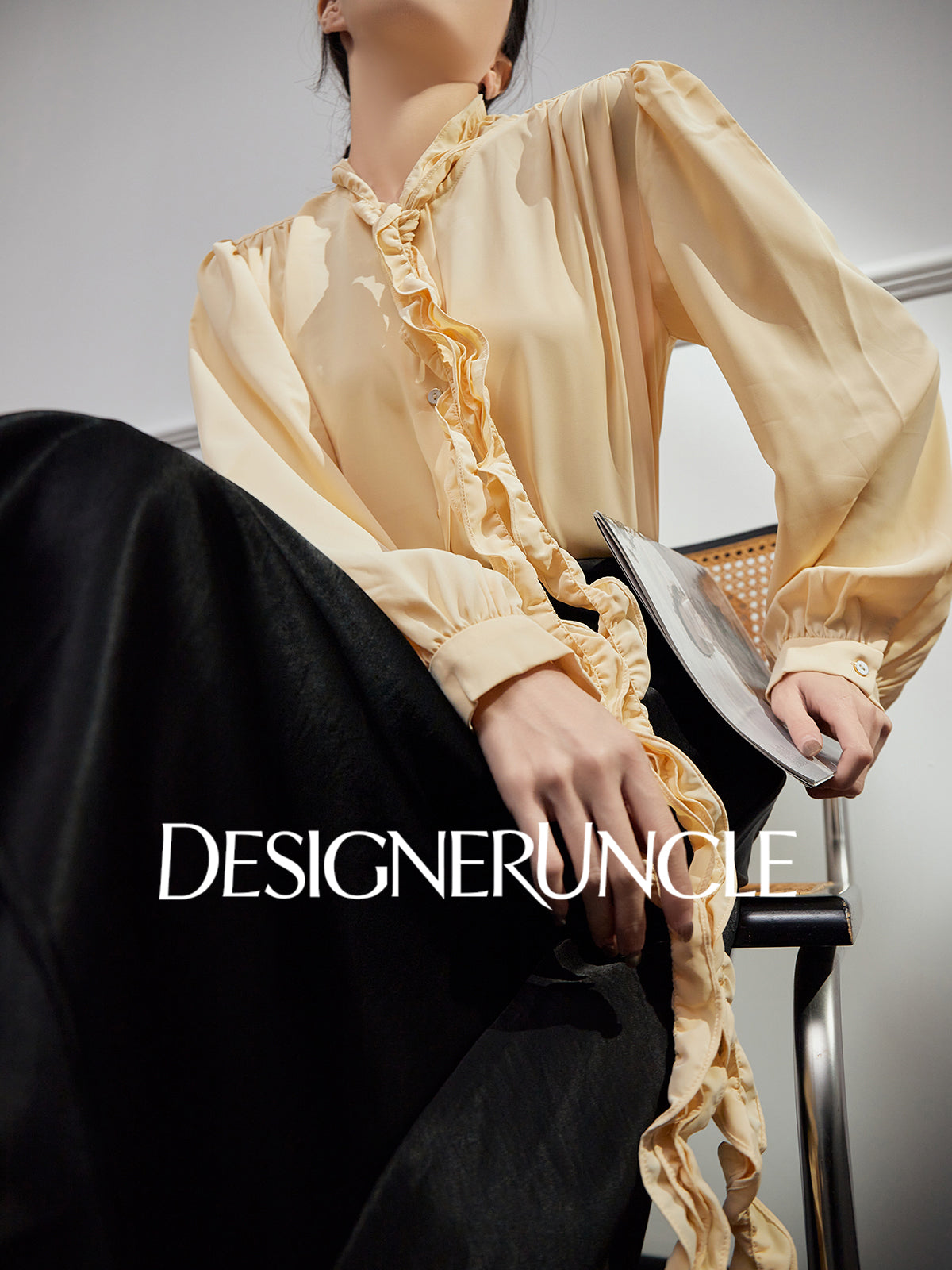 DGU "Euphemism" goose yellow shirt commuter ruffle slimming versatile top - LOVER.