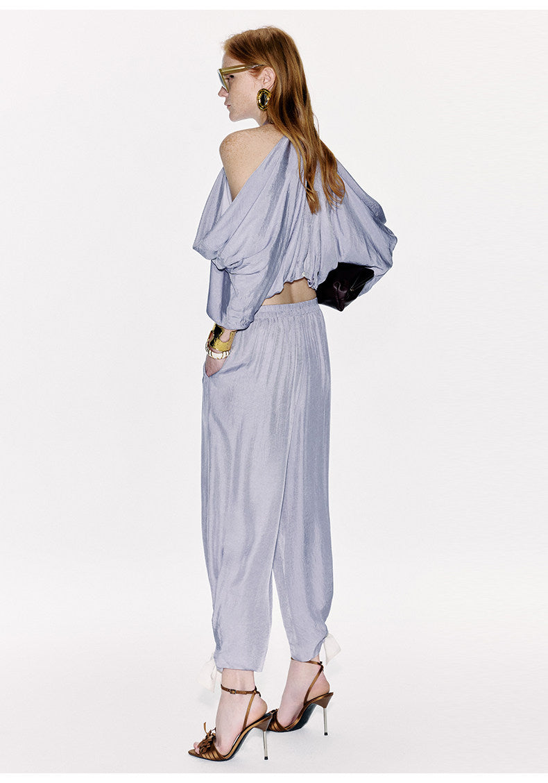ATELIER MISS LU Draped Off-the-shoulder Streamers Acetate Top - BLEIG
