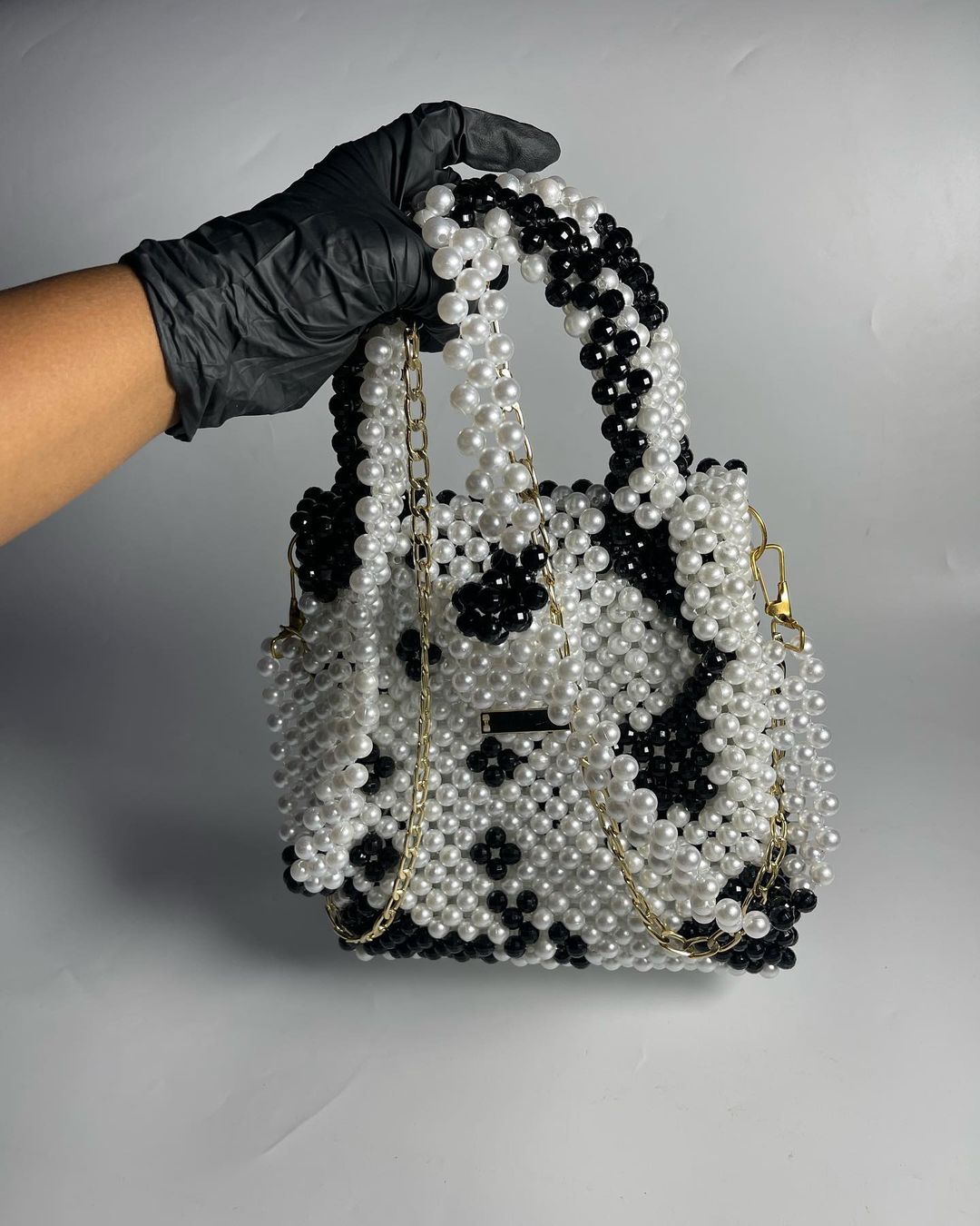 Luxury Handmade multi black white pearl beaded purse bag - CRUELLA