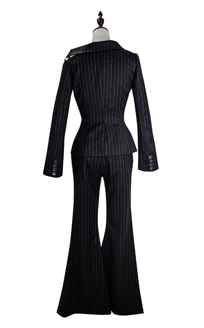 Magic Q exclusive limited edition vintage black striped wool suit flared pants two-piece set