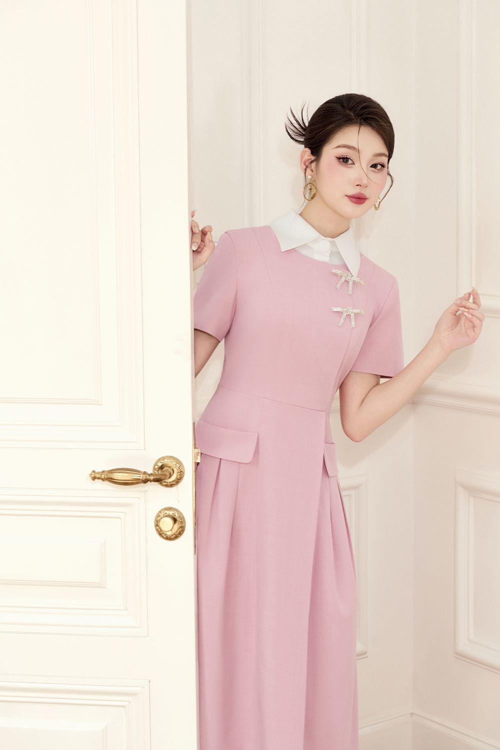 WH PLAN A-line Collared Neck Linen Cotton ruched pleat Midi Dress - Aimi