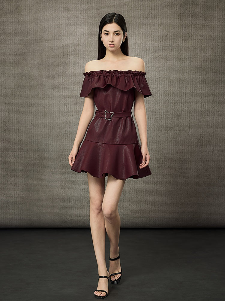HECO Off Shoulder Ruffle Short Cinched Waist Dress - SECRET. S / Jujube Red HECO Off Shoulder Ruffle Short Cinched Waist Dress - SECRET. S / Jujube Red