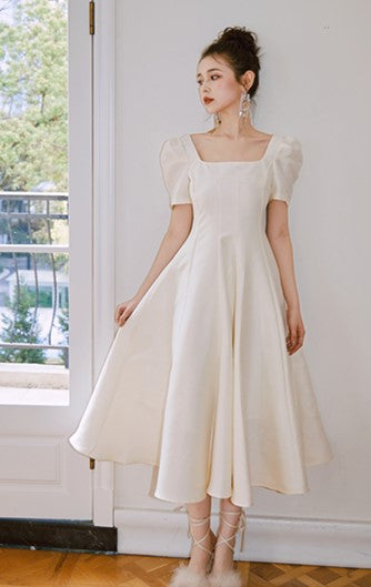 DOLLY Elegant Retro Square Neck Short Puff Sleeve Satin Long A-Line Dress-BAMBI