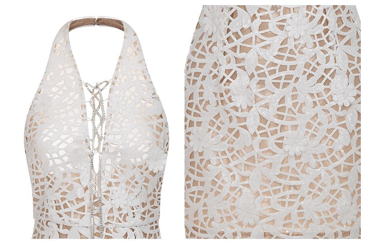 Wardrobes by Chen White bridal lace Halter Neck short Dress-LALA