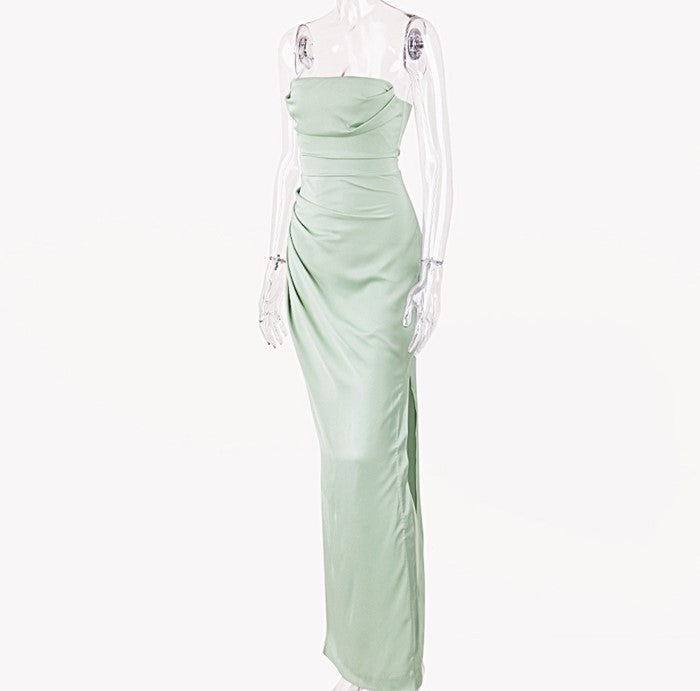 DOLLY Luxury Mint Green Sleeveless Off Shoulder Chest Wrap Long Slit Dinner Dress-CAT