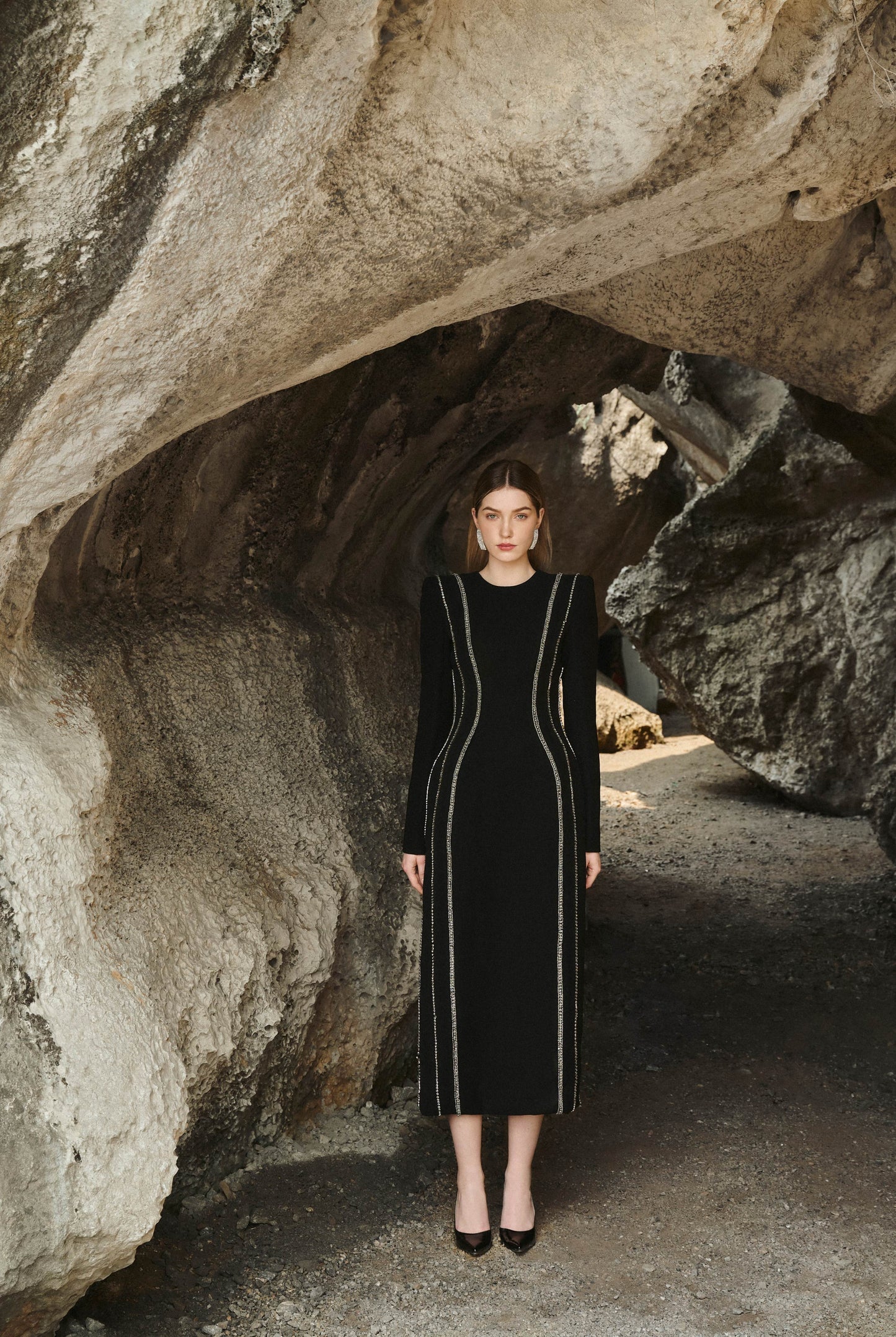 Crystal - Embellished Long Sleeve Bodycon Midi Dress S Crystal - Embellished Long Sleeve Bodycon Midi Dress S