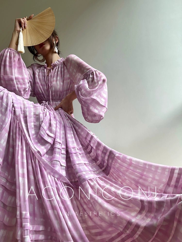 Aconiconi Elegant V-Neck Lantern Sleeve Loose Big Resort Dress
