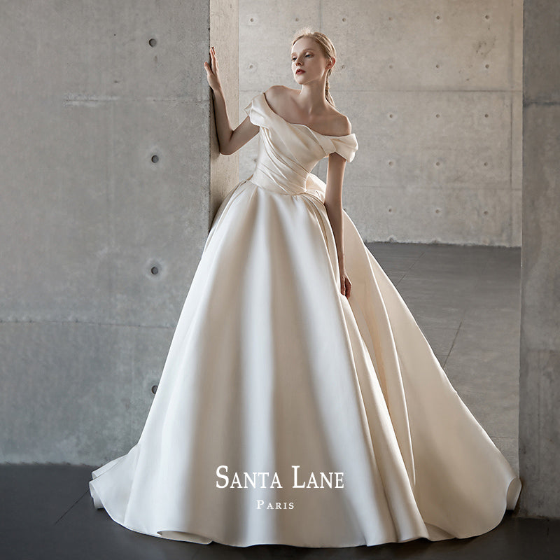 satin one shoulder wedding dress Unique One Shoulder Long Sleeves Satin Mermaid Wedding Dress QW2688 US10 / White