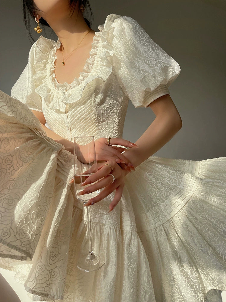 Aconiconi Luxury White U-Neck Puff Sleeves Tutu Short Skirt Top- Tangerine Rose M / Skirt