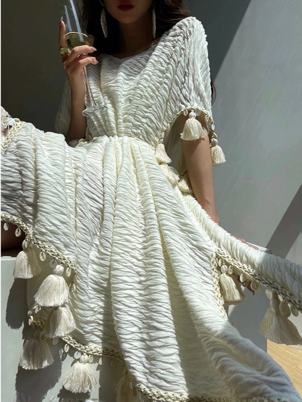 Aconiconi High End Cream Bohemian Short Sleeve Tassel Midi Dress- Muse Lover S (XS-M wearable) / White
