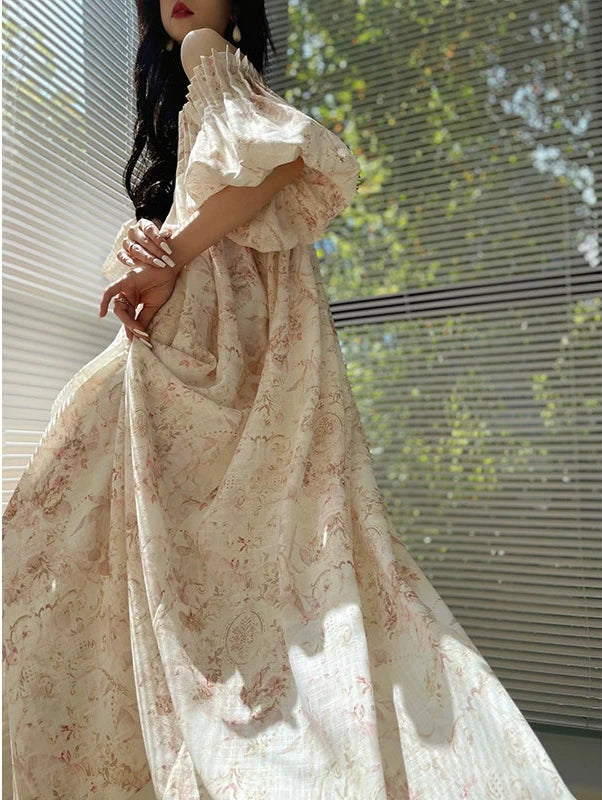 Aconiconi High End Off Shoulder French Print Retro Loose Dress- Flower-Mian Agarwood L (L-XL Wearable) / Off White Aconiconi High End Off Shoulder French Print Retro Loose Dress- Flower-Mian Agarwood L (L-XL Wearable) / Off White