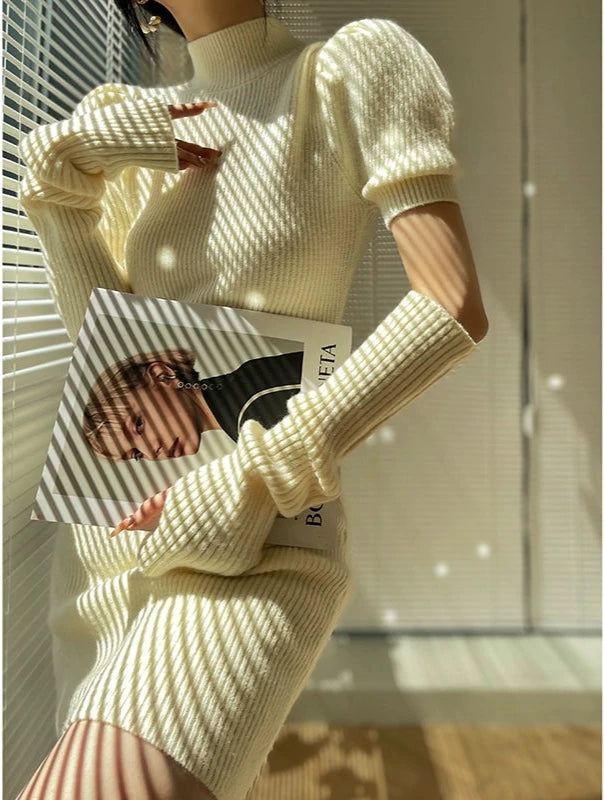 Cream milk red knitted puff sleeve sweater dress- Mousse Milk Puff – GOOD  GIRL REBEL