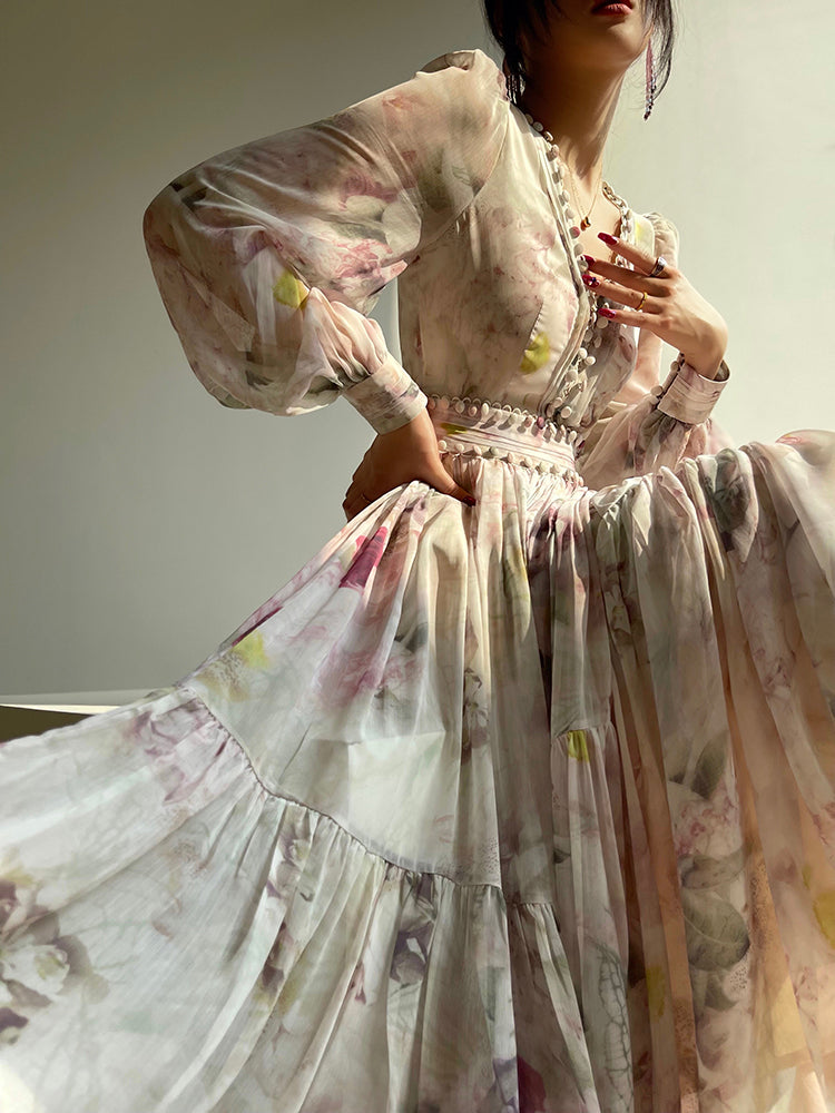 Aconiconi Luxury French Print V-Neck Long Sleeve Pleated Wedding Guest Dress- Liwu Xs / Floral