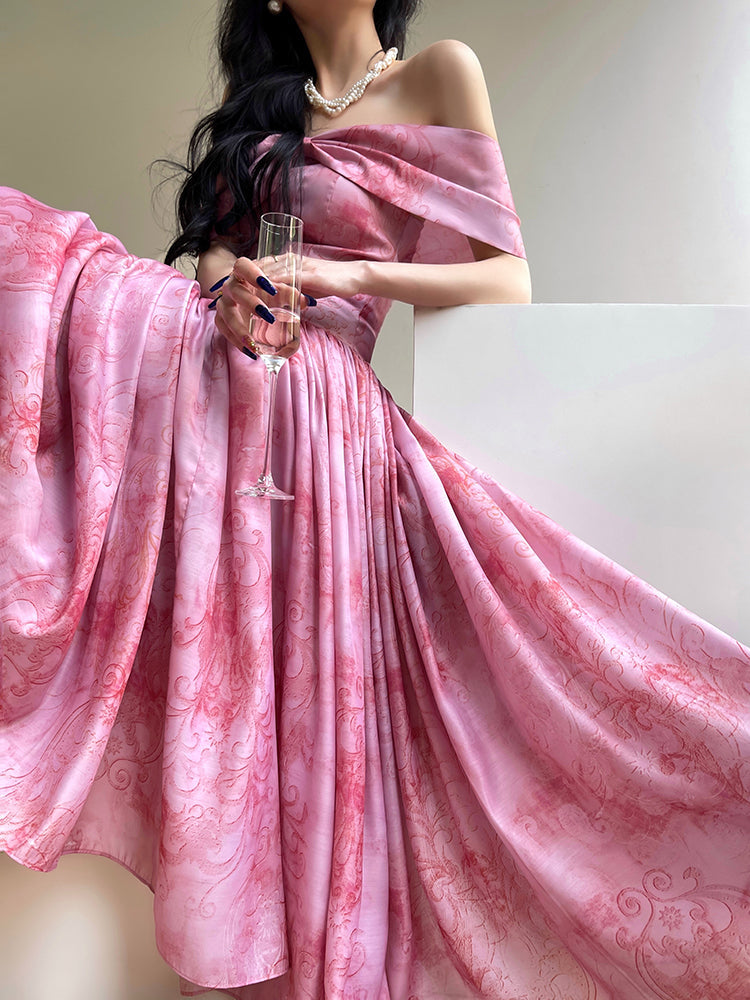 Aconiconi Elegant Pink French Print Princess Style One-Shoulder Dress- –  GOOD GIRL REBEL