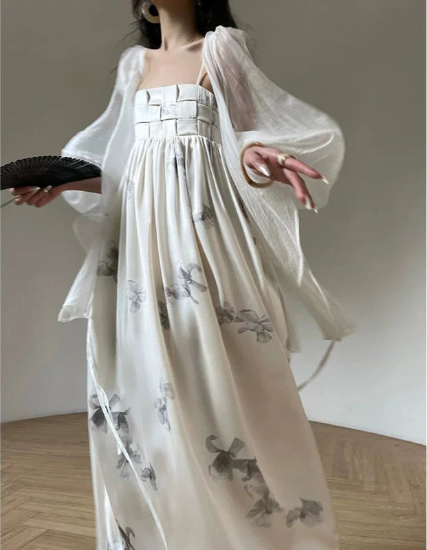 chinese dress ladies Aconiconi Luxury Floral Print Chinese Style Tube Loose Resort Dress-Ink Gel Xs / Off White