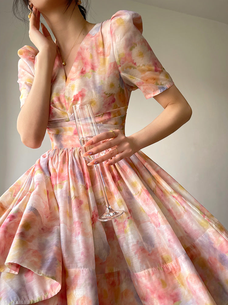 Aconiconi Luxury French Floral Print Short Sleeve High Waist A-Line Dress- Mulan Aconiconi Luxury French Floral Print Short Sleeve High Waist A-Line Dress- Mulan