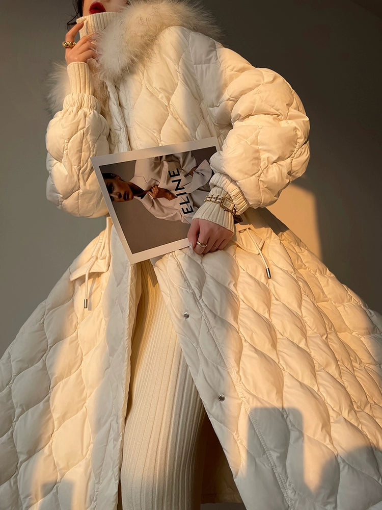 Aconiconi Elegant Duck Down Long Sleeve Hooded Long Fur Winter