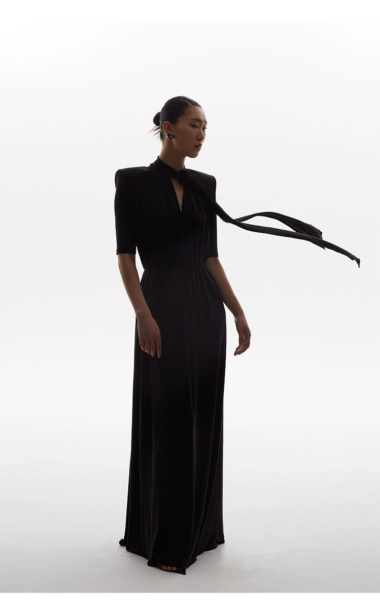 High-end elegant Summer French Pleated flowy maxi long wedding Knit Dress - KCae M / Black High-end elegant Summer French Pleated flowy maxi long wedding Knit Dress - KCae M / Black