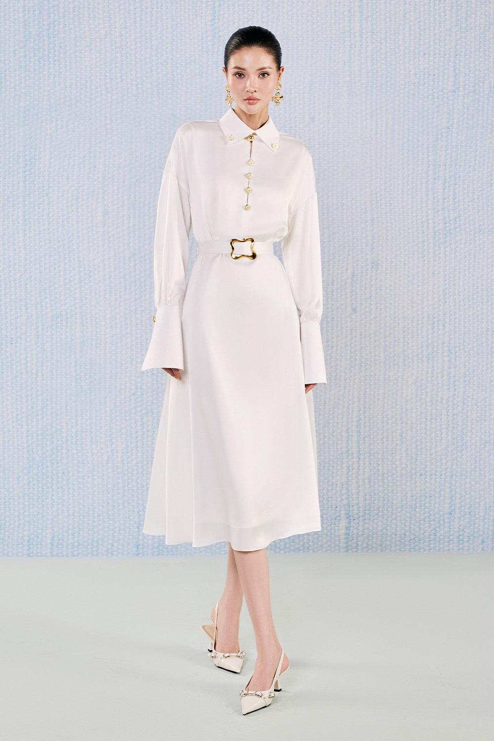 Women's Ruby A-line Cuff Sleeved Silk Blend Midi Dress S/M/L/Customize White MEAN BLVD White / L Women's Ruby A-line Cuff Sleeved Silk Blend Midi Dress S/M/L/Customize White MEAN BLVD White / L