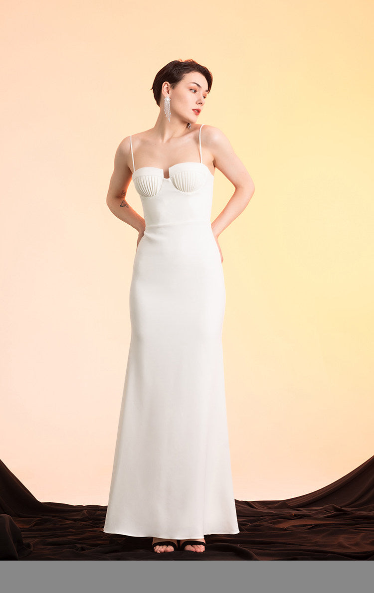 GOUDIN white long suspender slim dress high-end texture host dress-FIN.