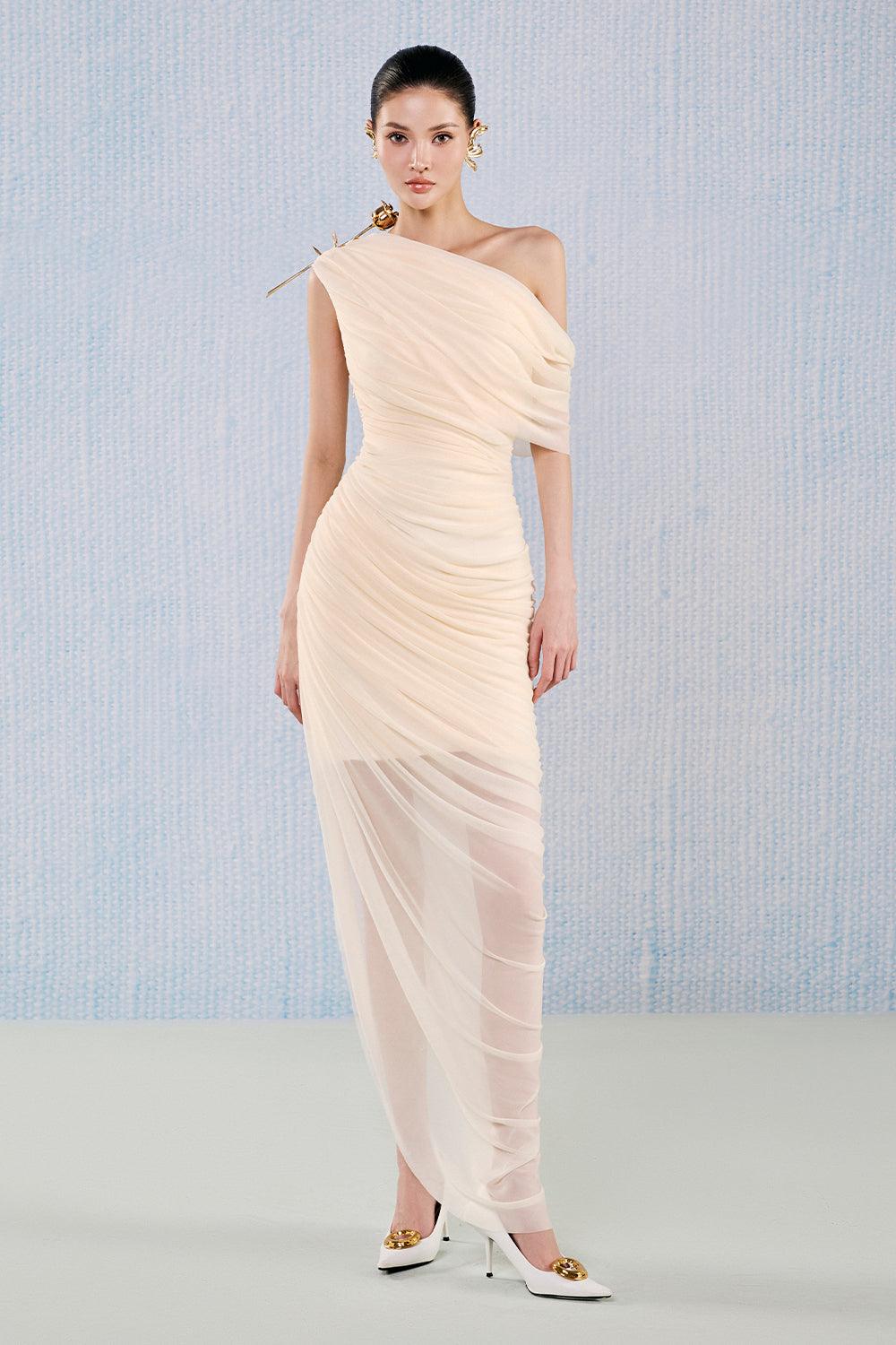 White Plan Asymmetric Off-Shoulder Gathered Viscose Floor Length Draped Nude Dress - Topaz S / Rose Brooch Only White Plan Asymmetric Off-Shoulder Gathered Viscose Floor Length Draped Nude Dress - Topaz S / Rose Brooch Only
