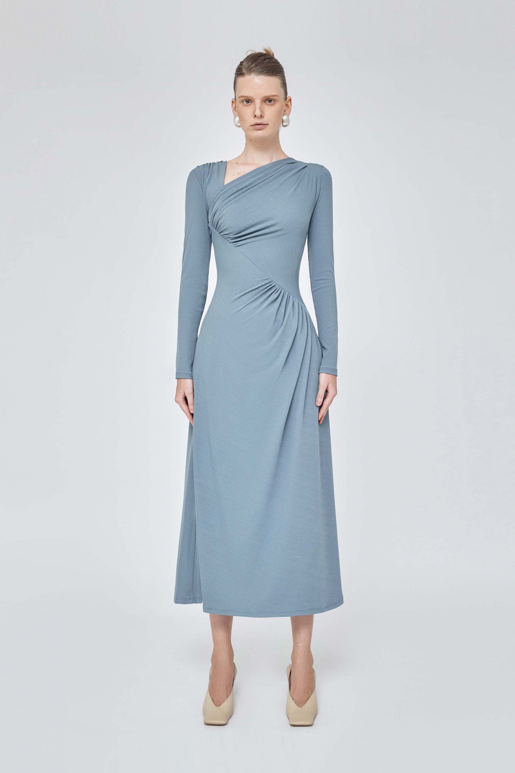 One Shoulder Long Sleeve Ruched Midi Elegant Dress- Layla S / Blue One Shoulder Long Sleeve Ruched Midi Elegant Dress- Layla S / Blue