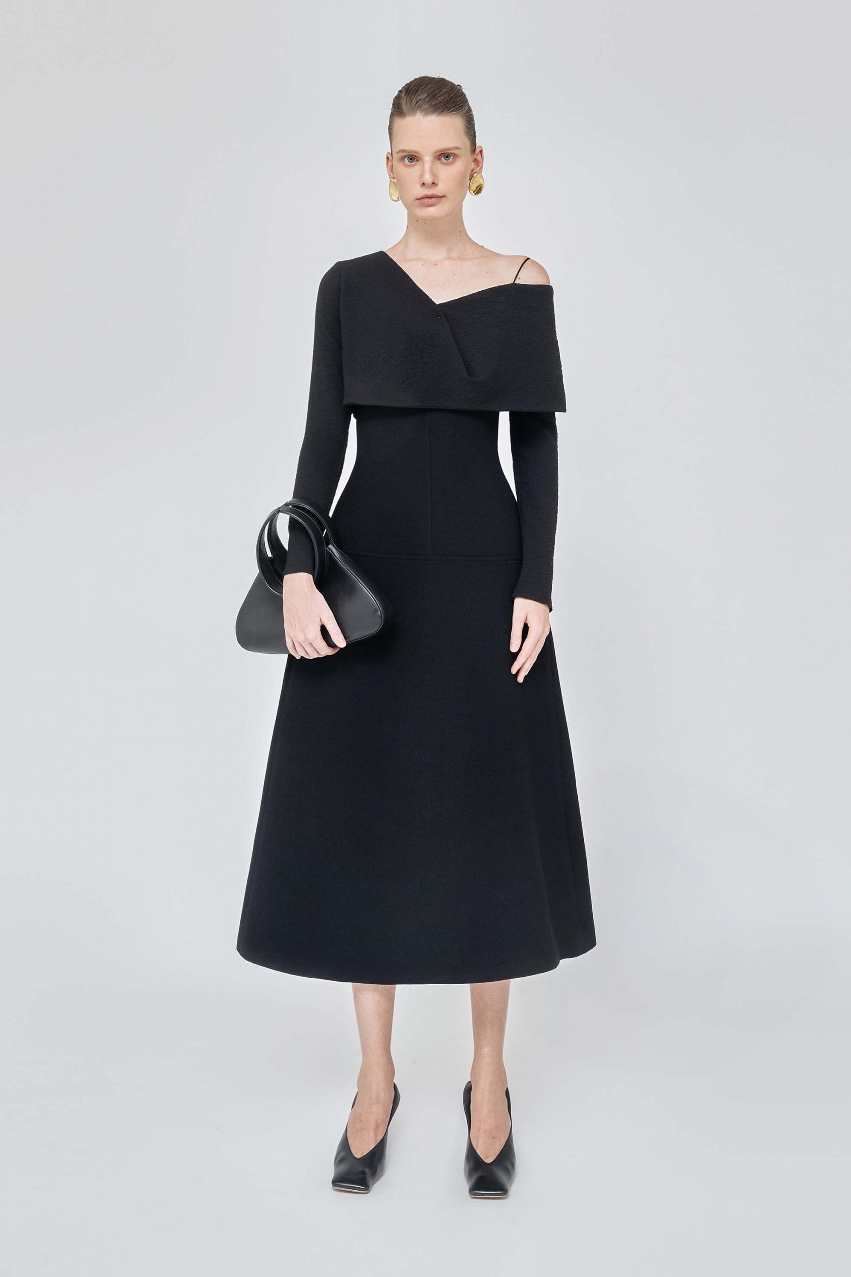 Black Cape neckline midi dress - Rose L / White Black Cape neckline midi dress - Rose L / White