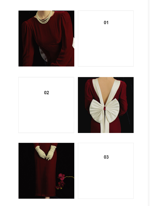 Retro red silk velvet puff sleeves backless white bow toast dress- Helen