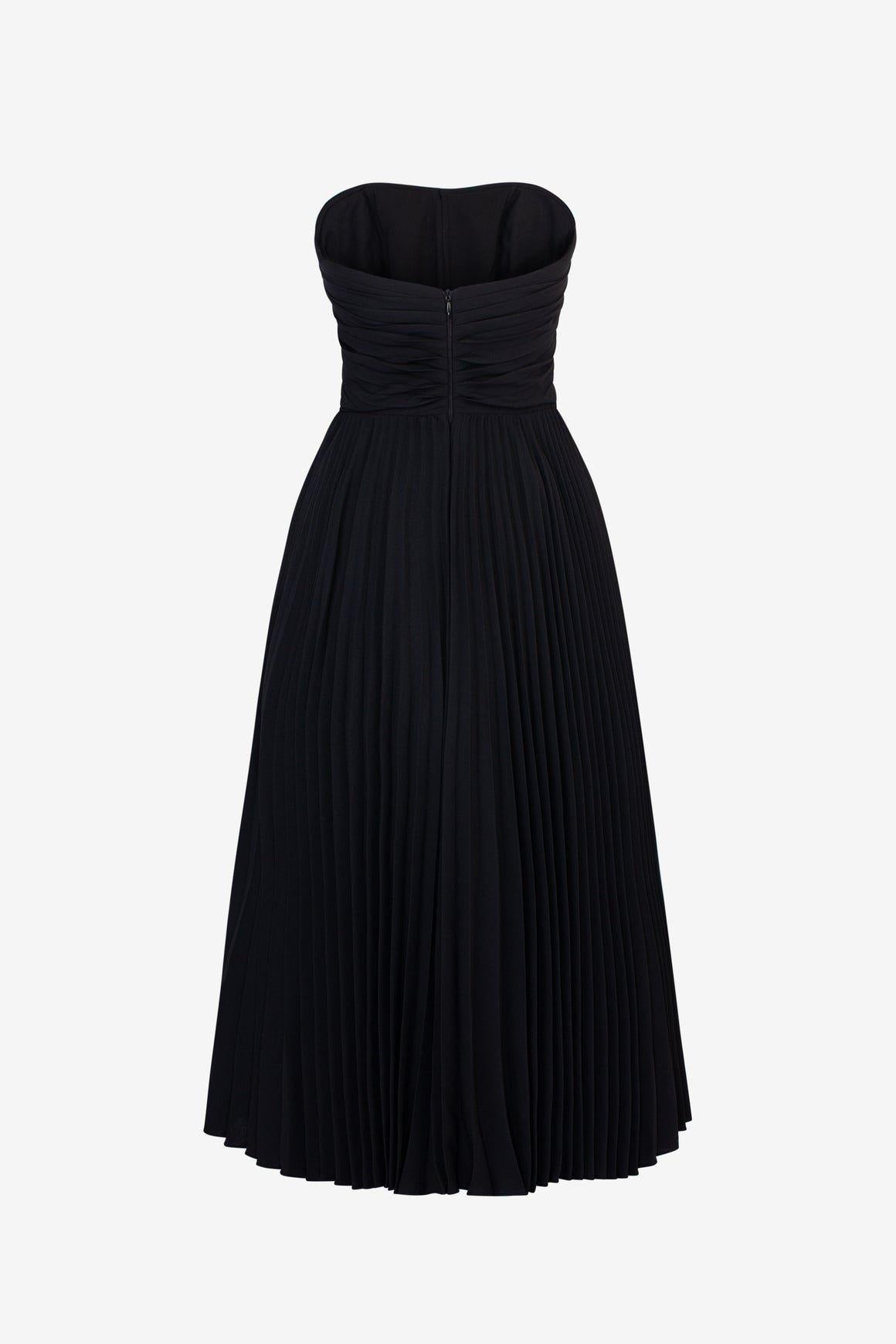 Black PLEATED MIDI DRESS-Nora
