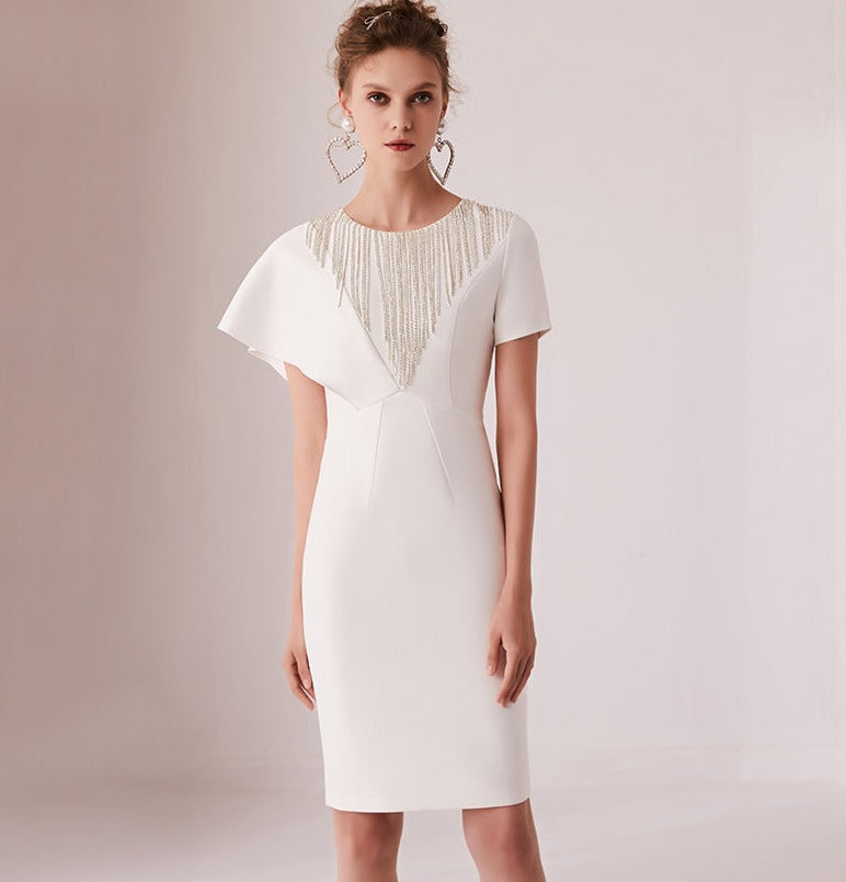 Gorgeous High End White Small Dress Skirt Can Usually Wear Banquet Host Dress- Etia M / Short Sleeve