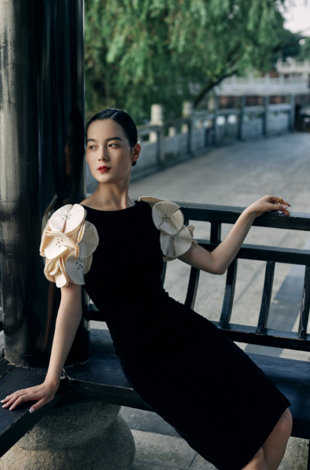 Retro fashion velvet petal sleeve one step skirt dress- Camer