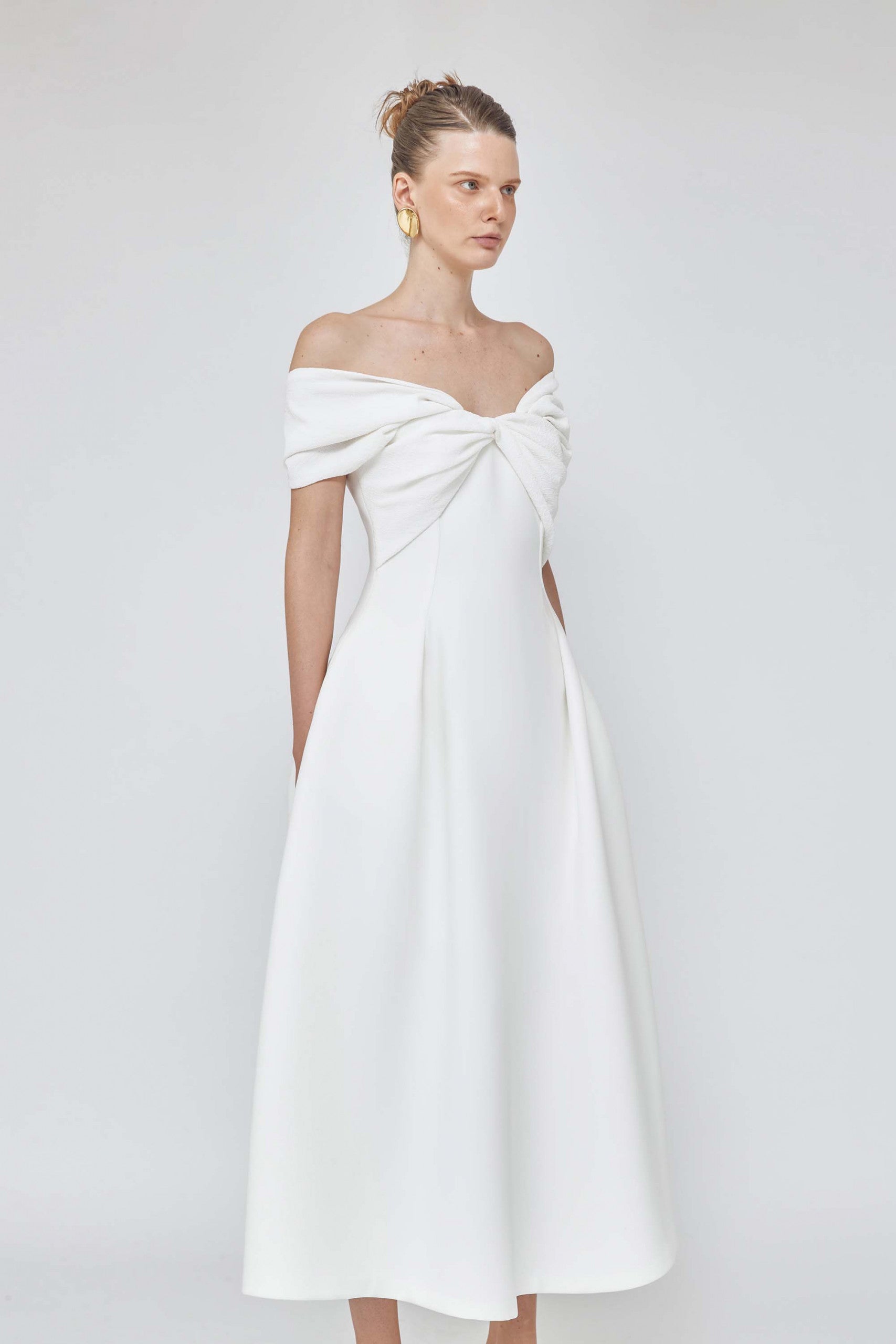 Pleated sleeve off shoulder white midi bridal dress - Calli GOOD GIRL REBEL Pleated sleeve off shoulder white midi bridal dress - Calli GOOD GIRL REBEL