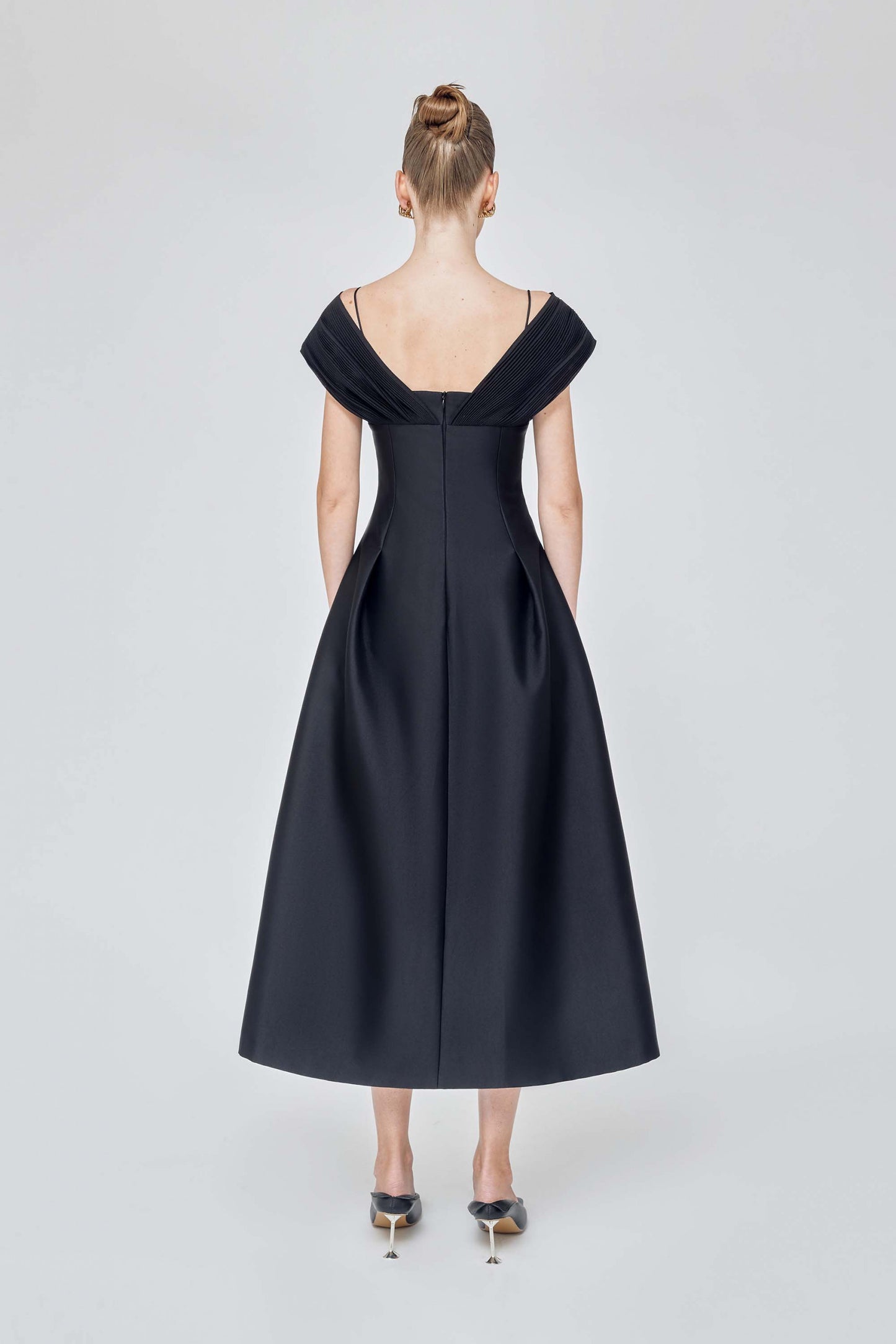 Black pleated sleeve dress puff skirt elegant cocktail lbd midi dress - JANELLE
