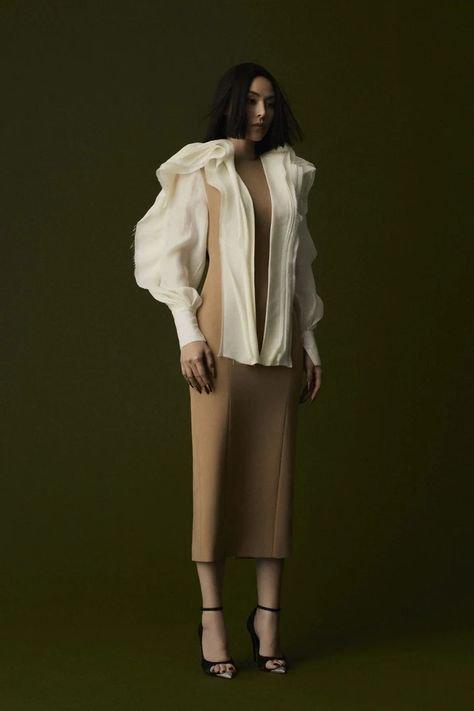 Camel Long puffy sleeve with drappes midi pencil skirt dress- Livet L / Camel Camel Long puffy sleeve with drappes midi pencil skirt dress- Livet L / Camel