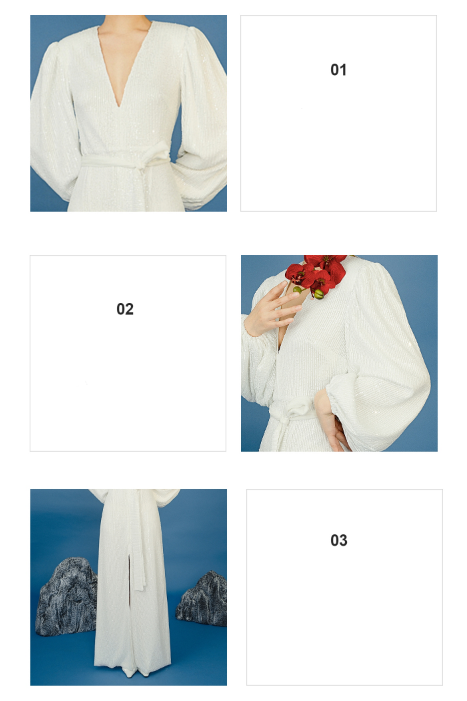 White sequin elegant deep v-neck and long sleeve puff sleeves slit dress- Steff