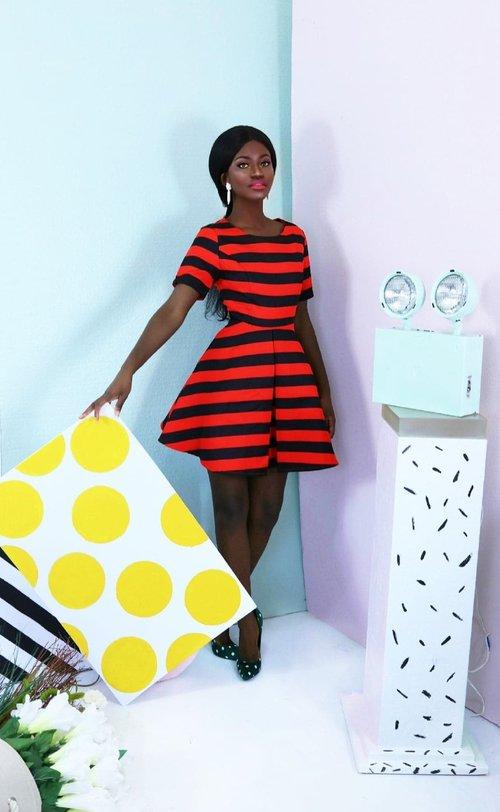 Black and Red-Orange Horizontal Stripe Pleated Chic Skater Cocktail Dress- Doll Effect M Black and Red-Orange Horizontal Stripe Pleated Chic Skater Cocktail Dress- Doll Effect M
