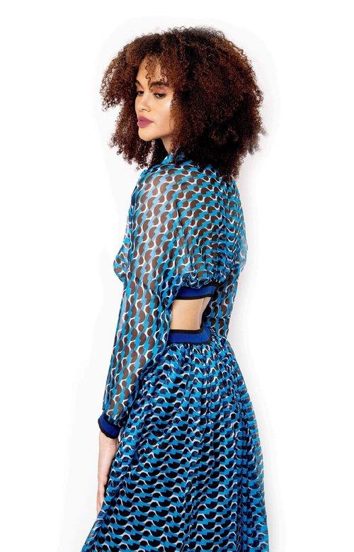 faux blue printed chiffon side cut out midi flowy dress gown - Terai