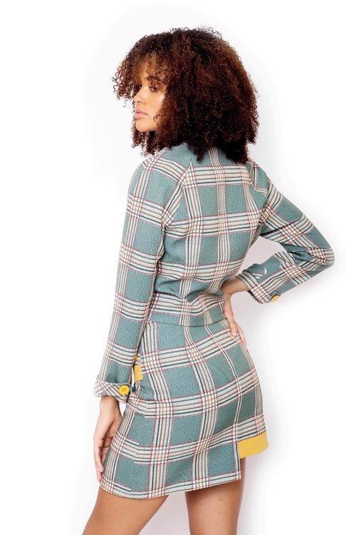 Socialite plaid cropped double breasted green skirt + plaid irregular hem skirt two piece suit-set- Celia