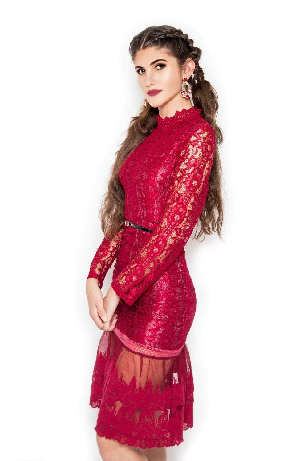 Designer wedding cocktail mother of the bride formal long sleeve red lace dress - Imla