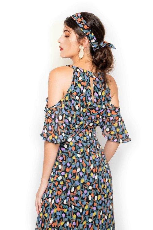 floral printed vacation destination wedding cocktail summer multi-color chiffon maxi dress