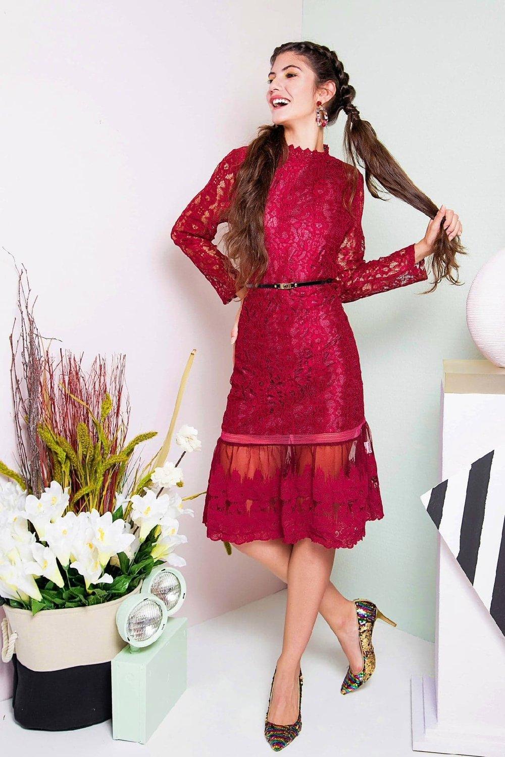 Designer wedding cocktail mother of the bride formal long sleeve red lace dress - Imla S Designer wedding cocktail mother of the bride formal long sleeve red lace dress - Imla S