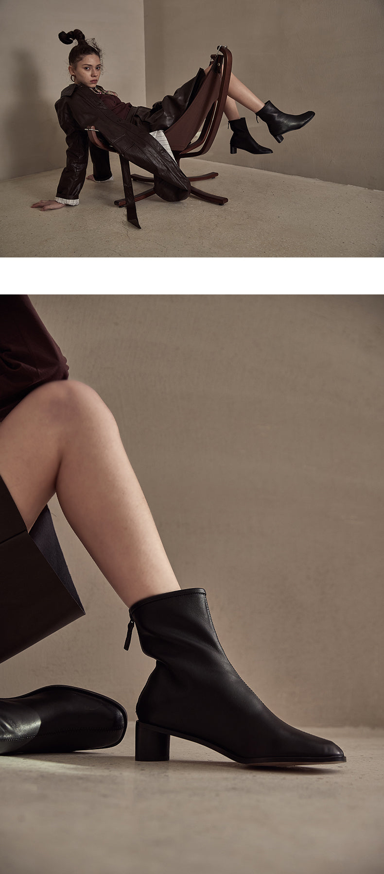 Leather square toe boots all-match Martin short boots mid-heel- Harki