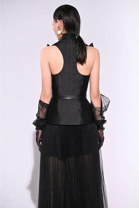 Elegant sleeveless peplum mesh filet blazer- Coco