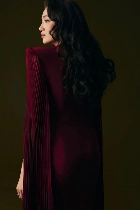 Red elegant long sleeve pleated dress- Liam