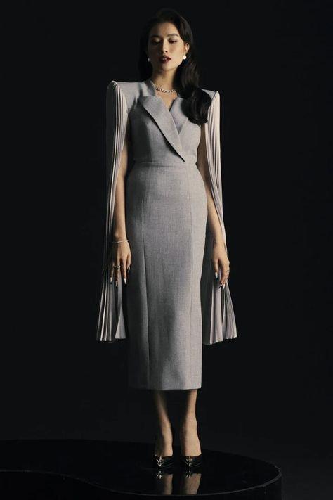 Grey elegant long sleeve pleated dress- Lia