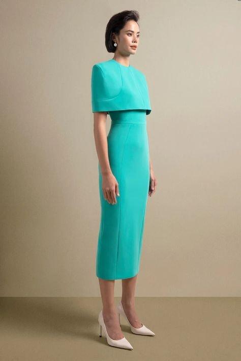 Evening shoulder cape midi blue dress- Laura GOOD GIRL REBEL Evening shoulder cape midi blue dress- Laura GOOD GIRL REBEL