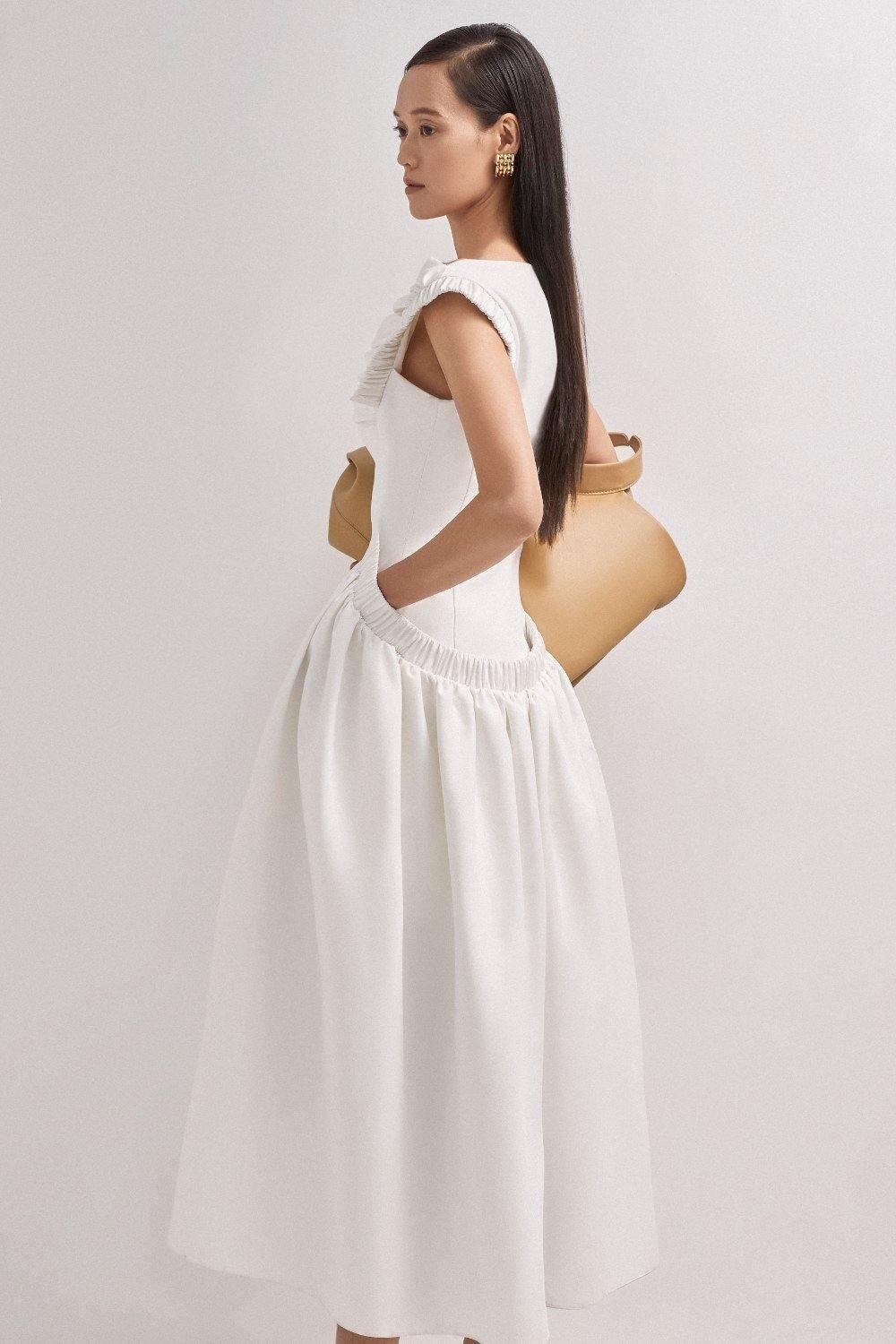Pleated Bust sleeve white midi bridal dress - Flame