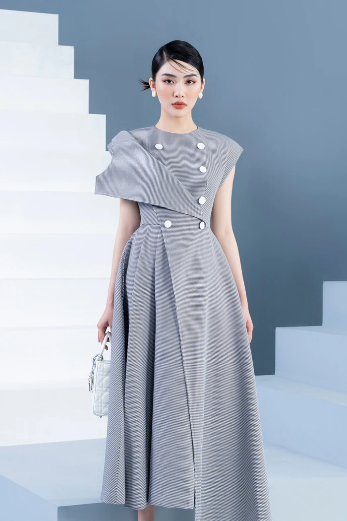 Midi cotton round neck, short sleeves, and folded flare flap dress- Teresa