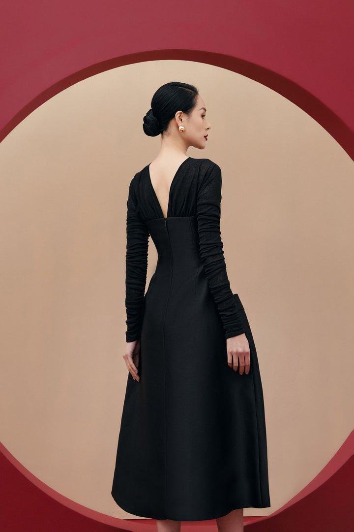 White gathered long sleeves dress-ANN